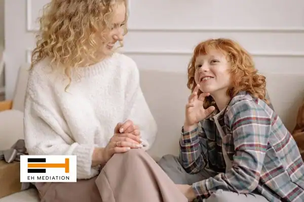 Happy mother and child after sorting child arrangements mediation Havant